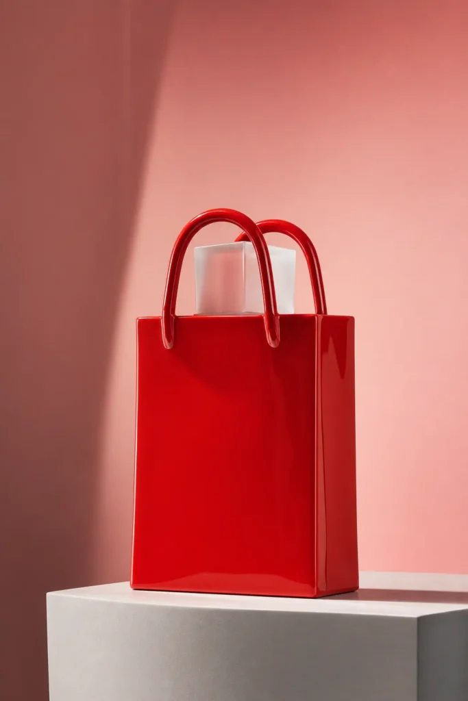 Tiendas online: bolsa de la compra de cerámica roja sobre un pedestal