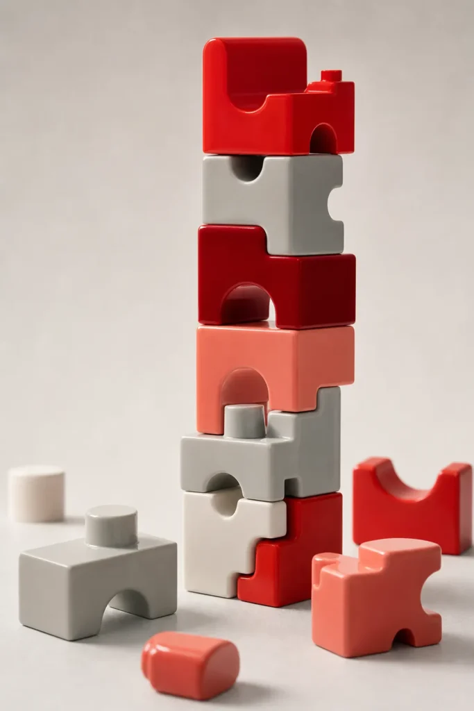 WordPress: bloques modulares rojos y grises que encajan formando una torre