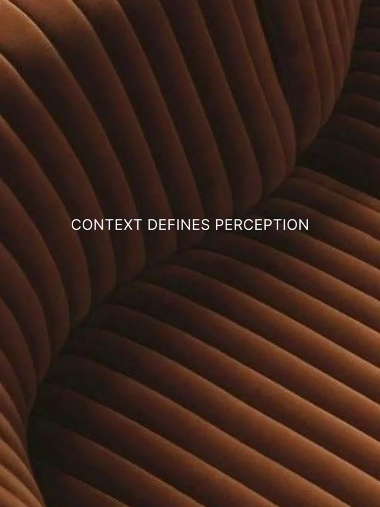 Terciopelo marrón acanalado con el texto «CONTEXT DEFINES PERCEPTION»