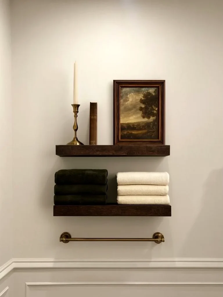 Estantes de madera oscura con una vela, un cuadro de paisaje y toallas dobladas sobre una pared clara