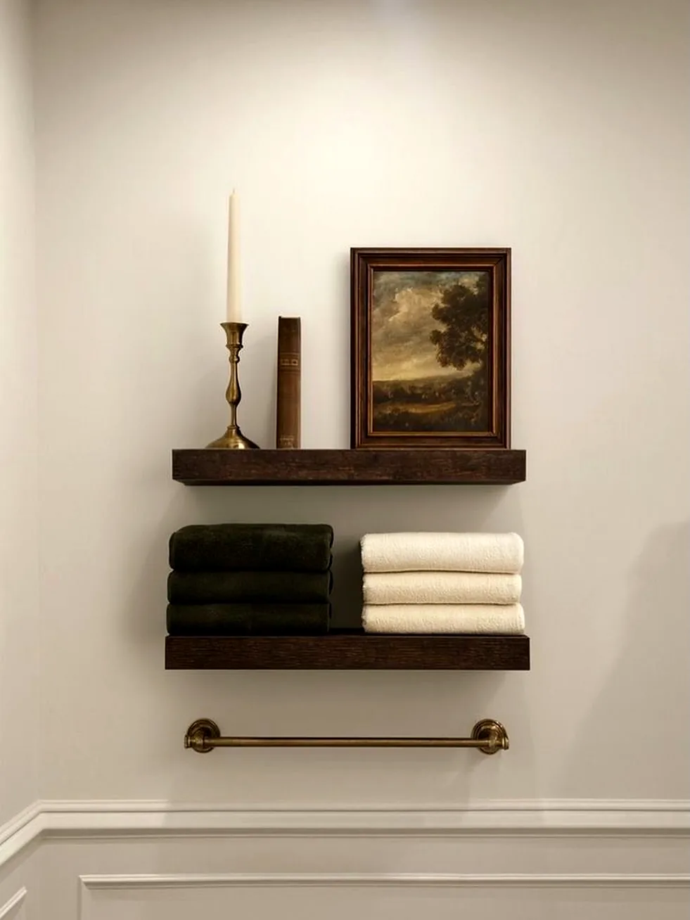Estantes de madera oscura con una vela, un cuadro de paisaje y toallas dobladas sobre una pared clara