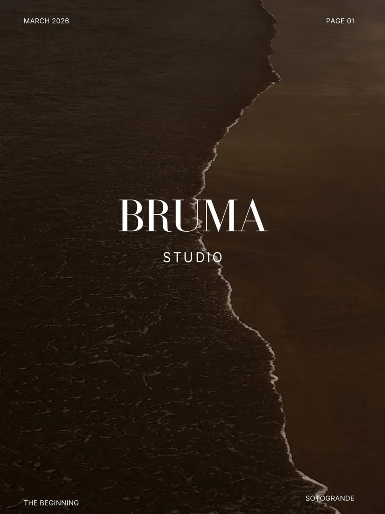 Orilla oscura vista desde arriba con el logotipo BRUMA STUDIO y los textos «MARCH 2026», «PAGE 01», «THE BEGINNING» y «SOTOGRANDE»